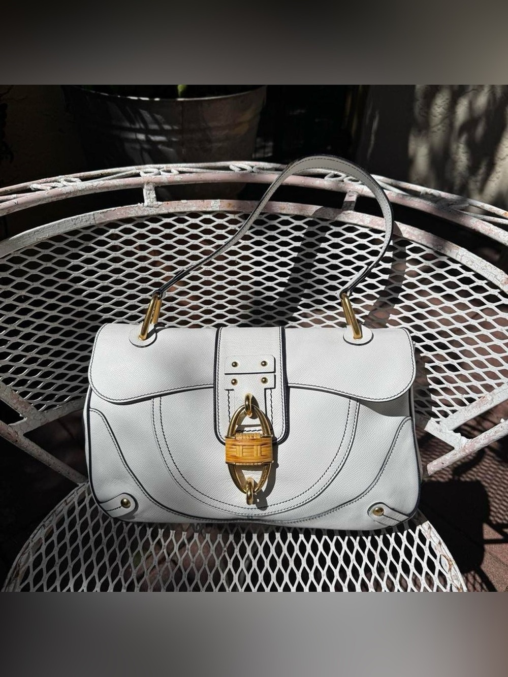 Vintage Salvatore Ferragamo Large Shoulder Bag with Bamboo Lock White & Gold